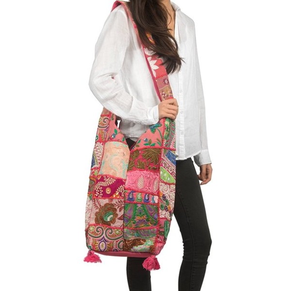  Pink Women Fashion Hobo Floral Shoulder Bag Monk Style Canvas Sling Tote Handbag Crossbody Roomy Summer Spring Chic